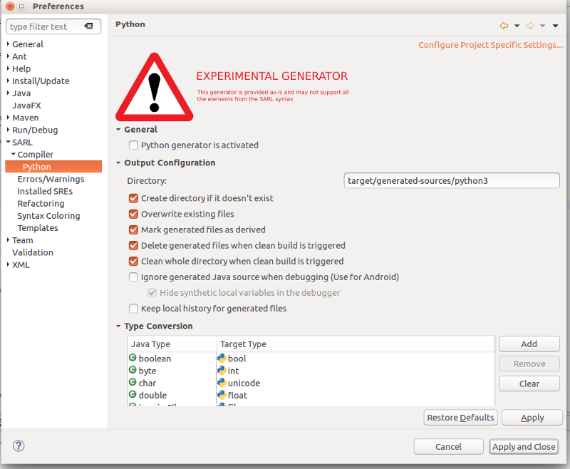 Preference Page into the SARL Development Environment