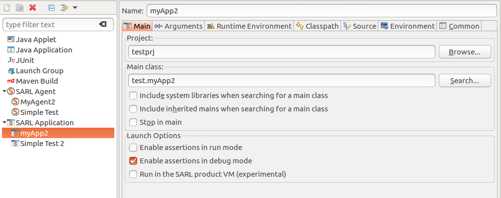 Screenshot of the dialog box of a SARL launch configuration